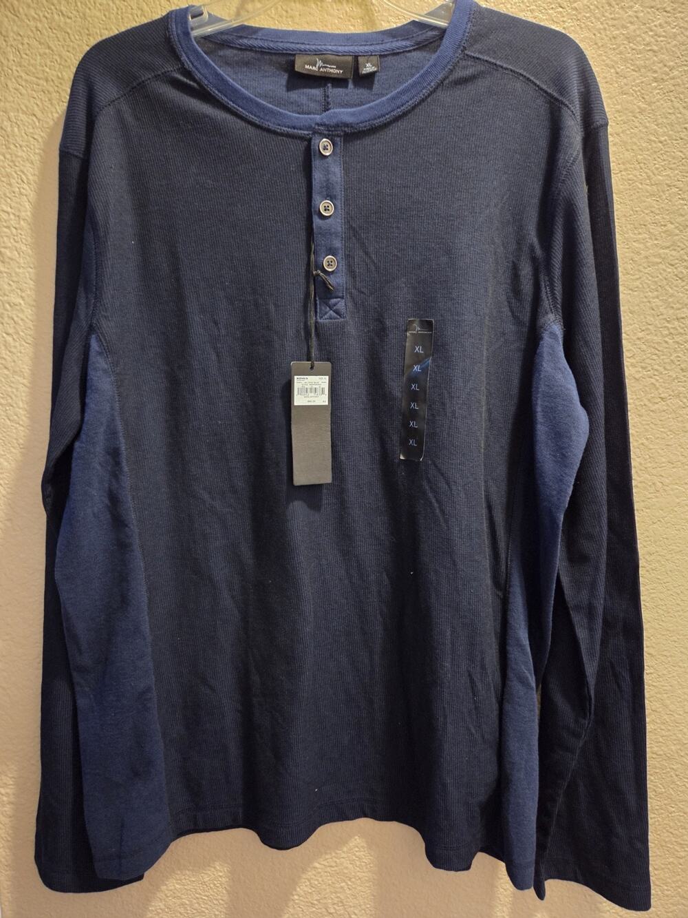 Marc Anthony men's luxury 2 Tone Thermal henley 3 Button shirt Navy Blue size XL